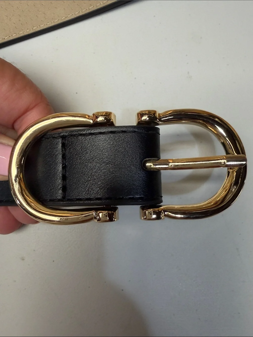 Women's Black Leather Belt with Gold Oval Double Buckle
